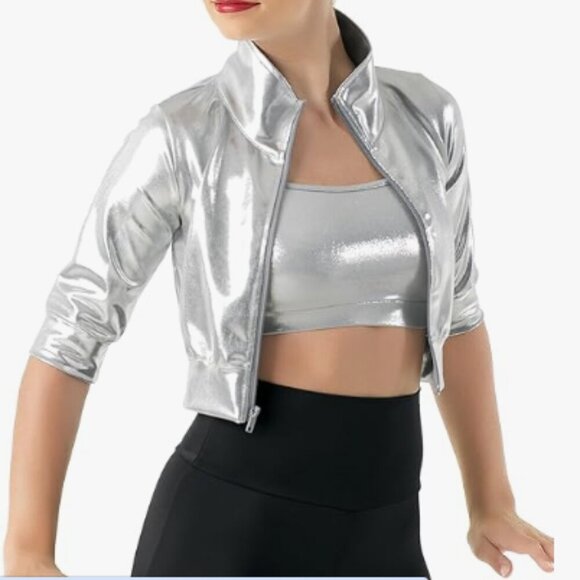 Balera Womens Silver Dance Metallic Cropped Jacket Zip Front SA Small Adult - Picture 1 of 9